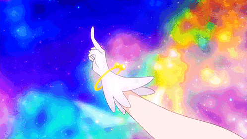 a hand with a ring around it is pointing up in front of a colorful background