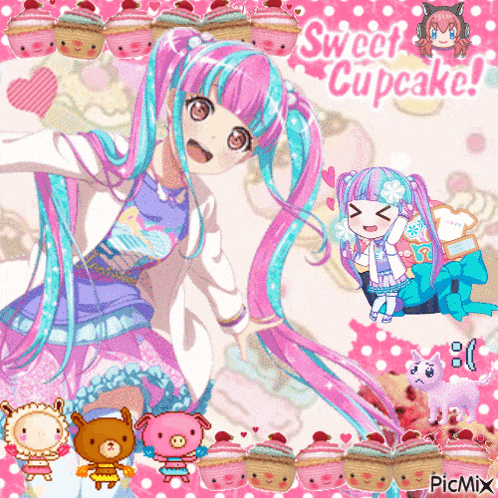 a picture of a girl with pink and blue hair and the words sweet cupcake
