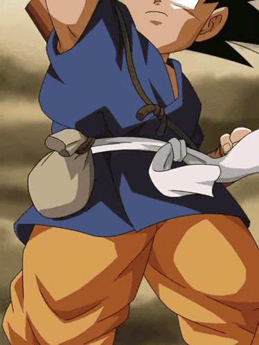 a cartoon character with a blue shirt and orange pants has a white belt around his waist