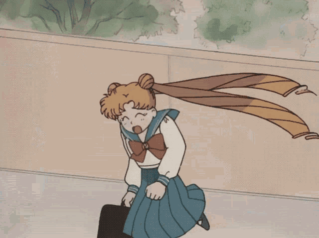 a girl in a school uniform is running with a briefcase in her hand