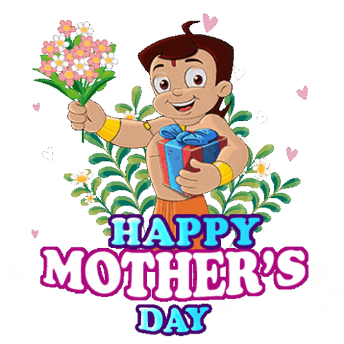 a cartoon boy is holding flowers and a gift in front of a sign that says happy mother 's day