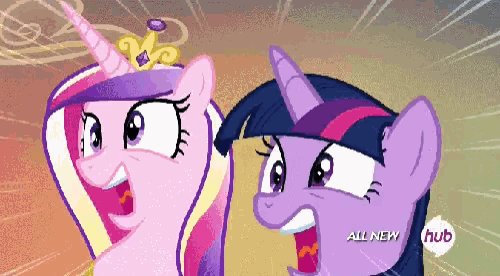 a cartoon of princess cadence and twilight sparkle with the words all new hub on the bottom