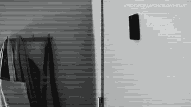 a black and white photo of a person standing in front of a door with a cell phone on it .