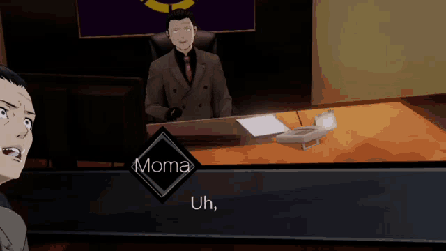 a man in a suit and tie is sitting at a desk and talking to another man named moma