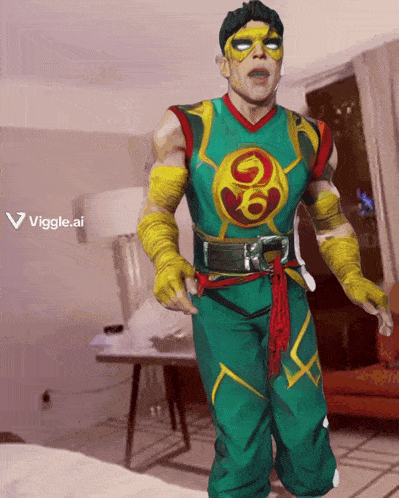 a man in a green and yellow superhero costume is standing in a room with a viggle.ai logo in the corner