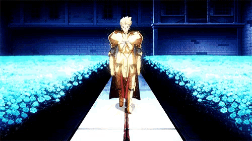 a man in a golden armor is walking down a path with flowers in the background