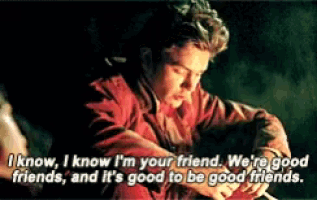 a man in a red jacket is saying i know i 'm your friend we 're good friends