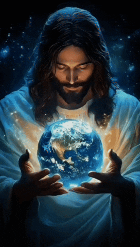 a painting of jesus holding the earth with his eyes closed