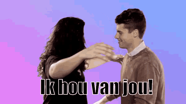a man and a woman are hugging with the words ik hou van jou