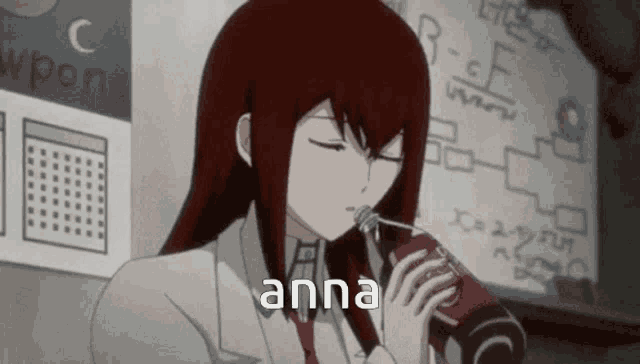 a girl is drinking from a coca cola bottle and the word anna is above her