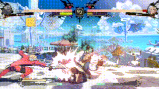 a screenshot of a video game with two characters fighting each other in a beach scene .