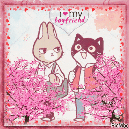 a picture of a cat and a rabbit that says i love my boyfriend on it