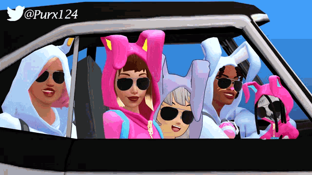 a group of girls wearing bunny costumes are in a car with the twitter username purx124