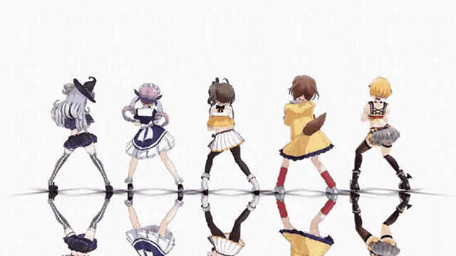 a group of anime girls are dancing in a line
