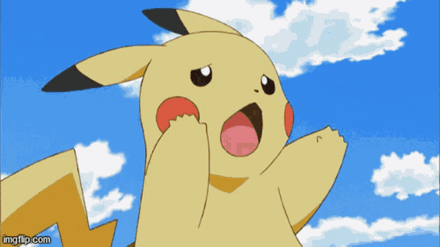 a pikachu with its mouth open in front of a blue sky with clouds