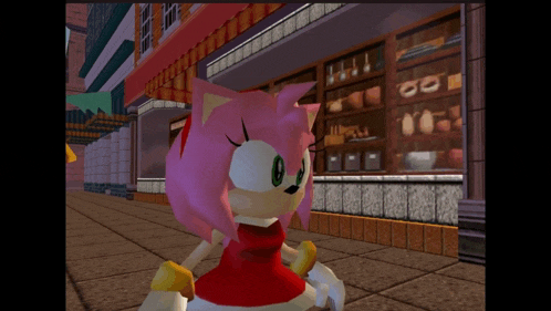 a cartoon of amy the hedgehog standing in front of a bakery