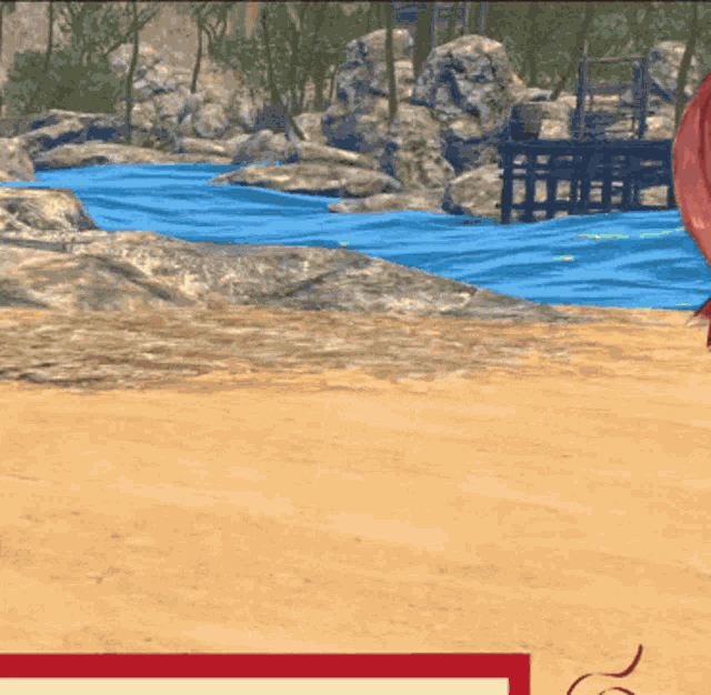 a computer generated image of a beach with a river and rocks