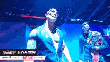 two men on a stage with the words " watch on demand " on the bottom