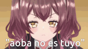 a close up of a girl with purple hair and the words aoba no es tuyo