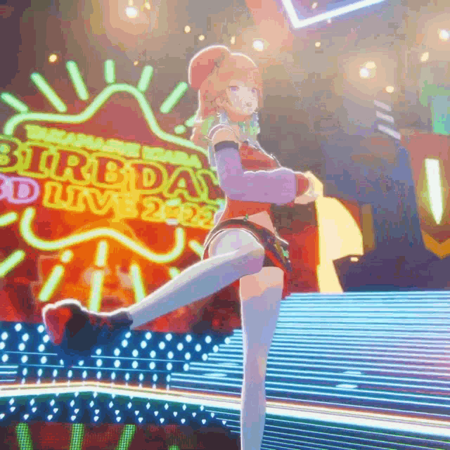 a girl is dancing in front of a sign that says 3d live