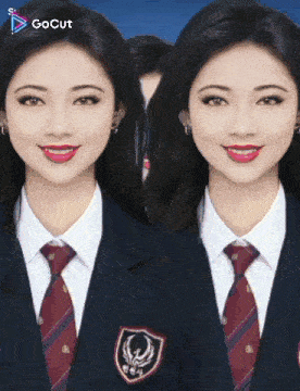 a girl in a school uniform with a gocut logo in the upper right corner