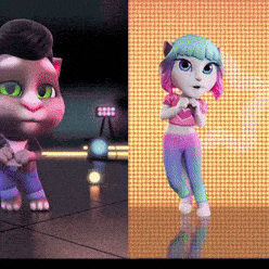a cartoon cat and a cartoon girl are dancing