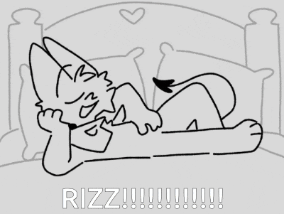 a black and white drawing of a cat laying on a bed with the words rizz on the bottom