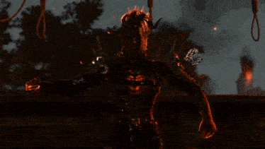 a demon with horns is standing in front of a hanging rope