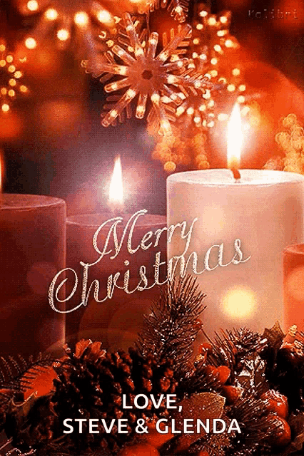 a merry christmas card with two lit candles and the name steve and glenda