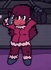 a cartoon character in a pink jacket and pants is standing in front of a purple wall .