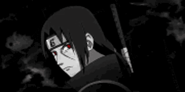 a black and white drawing of a boy with red eyes and a headband .