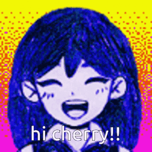 a cartoon girl with blue hair is smiling and says hi cherry !