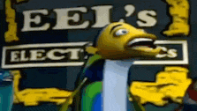 a cartoon character is standing in front of a sign for eei 's elec 's