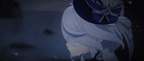 a girl with long white hair is wearing a blue hat with a flower on it