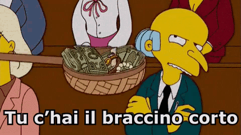 a cartoon of bart simpson holding a basket of money with the words tu c'hai il bracciano corto