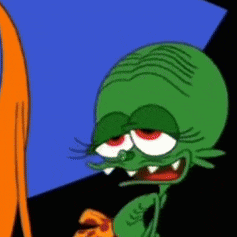 a green cartoon character with red eyes is holding a piece of pizza