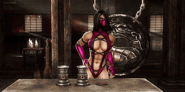a video game character is standing in front of a table with two candles