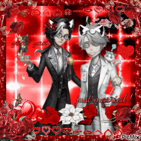 a couple of anime characters standing next to each other with the words just married on the bottom right