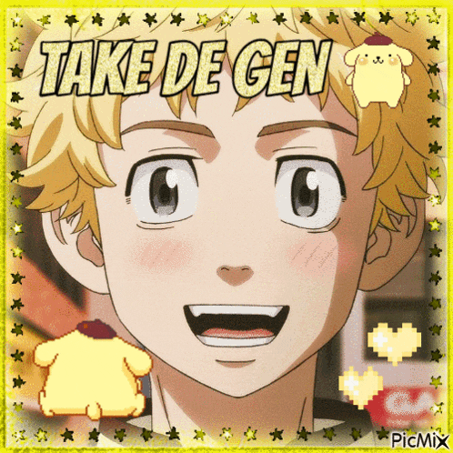 a picture of a anime character with the words take de gen on it
