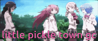 a group of anime girls standing next to each other with the words little pickle town gc written above them