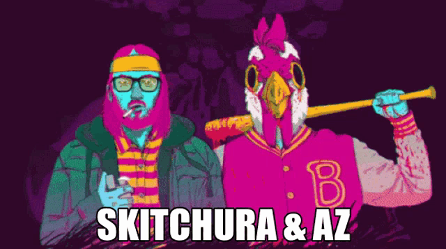 a poster for skitchura and az shows a chicken and a man
