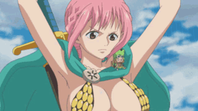 a woman with pink hair is holding a sword in her hand