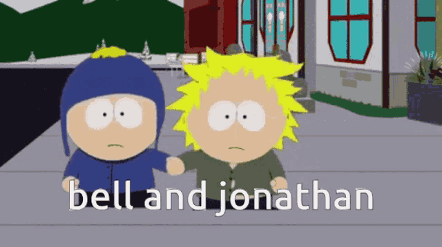 two cartoon characters are standing next to each other and the words bell and jonathan are on the bottom