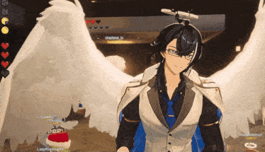 a screenshot of a video game shows a man with wings