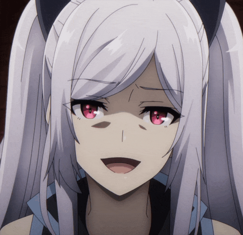 a close up of a girl 's face with pigtails and red eyes