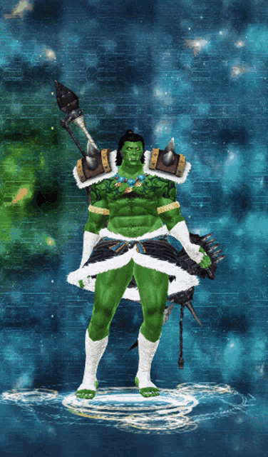 a green orc with a spear and a sword