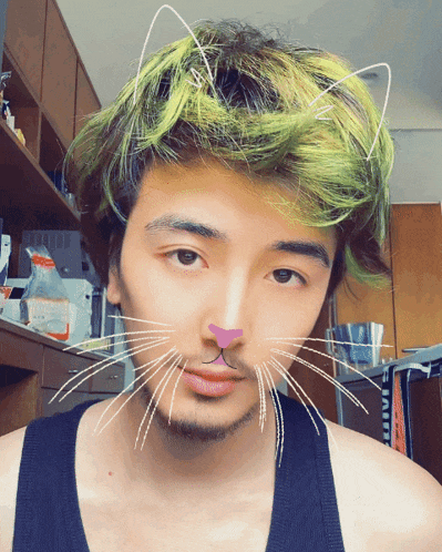 a man with green hair is wearing a cat face mask