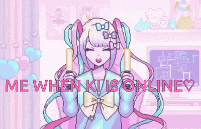 a pixel art of a girl holding two candles with the words me when ki is online written below her