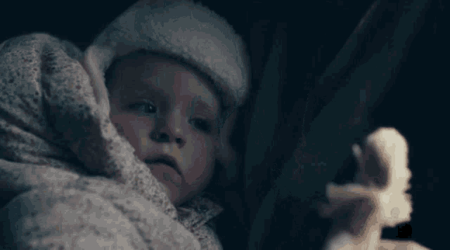 a baby is wrapped in a blanket and holding a doll in her hand .