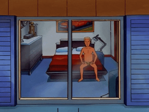 a cartoon of a man sitting on a bed looking out a window